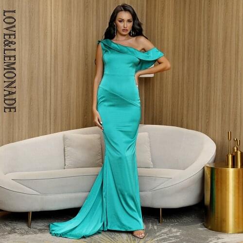 LOVE&LEMONADE Sexy One-Shoulder Ruffle Green Elastic Reflective Material Bodycon Party Maxi Dress LM82713