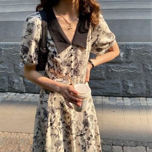 2021 Summer French Vintage Midi Dress Women Elegant V-neck Korean Flower Long Dress Female Causal Holiday Party Beach Dress Chic