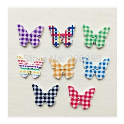 1000pcs Mixed Wooden Butterfly gingham Sewing Buttons Wood Checks Painted Button Baby Shower Crafts 30x24mm