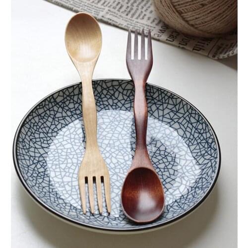 5Pcs 2 in 1 Natural Wooden Cutlery Dual Head Spoon Fork Kitchen Dessert Soup Oatmeal Accessories Dinner Tableware Set