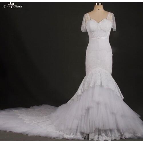RSW769 Short Sleeve White Lace Cathedral Train Mermaid Wedding Dresses Real Photo