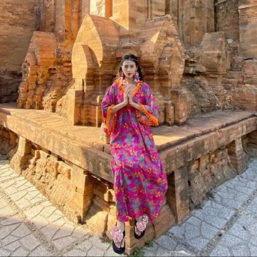 Bohemian Ethnic Dress Womens Fur Ball Tassels Floral Holiday Dress Ethnic Features Tourist Beach Dress