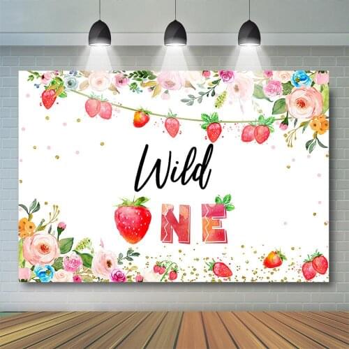 Girls First Birthday Party Decoration Strawberry Watercolor Flower Backdrop Wild One 1st Birthday Banner Kids Photo Studio