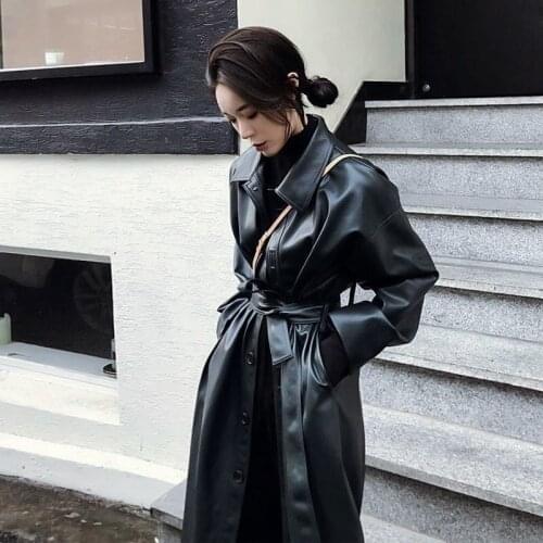 PU Leather Long Jacket New Autumn Women Loose Belt PU Leather Windbreaker Trench Coat Slim Spring Jacket Y845