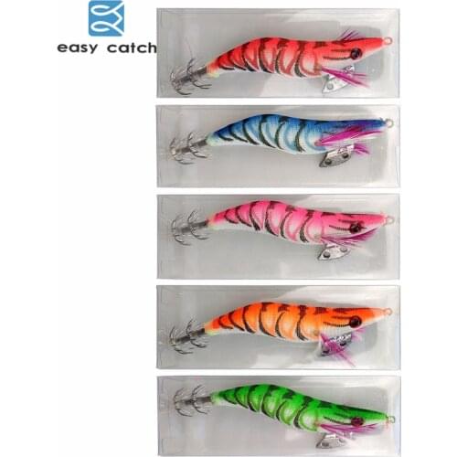 Easy Catch 5pcs Hard Plastic Octopus Squid Jigs Lures Cuttlefish Artificial Bait Wood Shrimp With Squid Hook Size 2.5 3.0 3.5