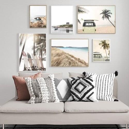Coconut tree beach sea wave landscape diamond embroidery pink car diamond painting art nordic seascape picture wall decoration