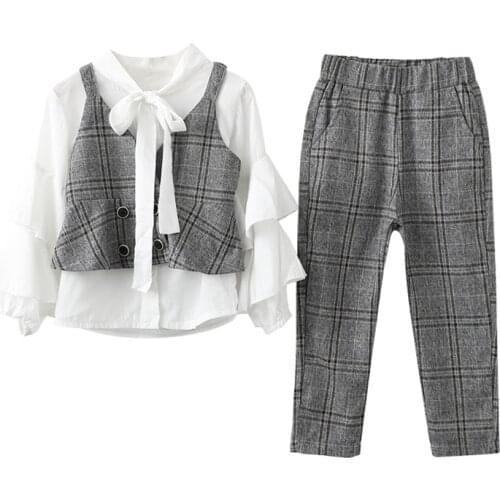 3 pcs Clothing Sets 2019 Children Clothing long Sleeve Bow T-shirt+plaid Pants+vest for Kids Clothing Sets Baby Girl suit