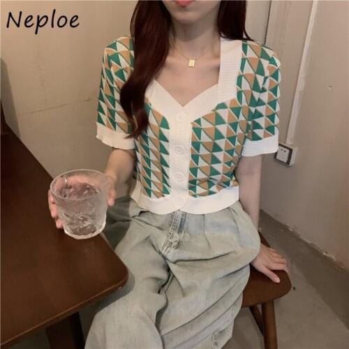 Neploe Retro Korean Style Summer New Woman Knitted Tops Diamond Plaid Short Sleeve Female Cardigan Single Breasted Short Sweater