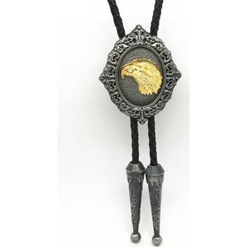 Western Cowboy Bolo Tie Eagle Head 3D Retro Pattern Zinc Alloy Leather Collar Rope Birthday Banquet Wedding Gift