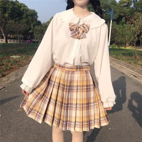 Japanese Soft Sister JK College Wind Doll Collar Shirt Plaid Pleated Skirt Bust Skirt Uniform Suit Female Autumn