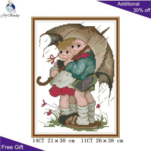 Joy Sunday Brother And Sister In The Wind And Rain RA362 14CT 11CT Counted and Stamped Home Decor Girl And Boy Cross Stitch Kits