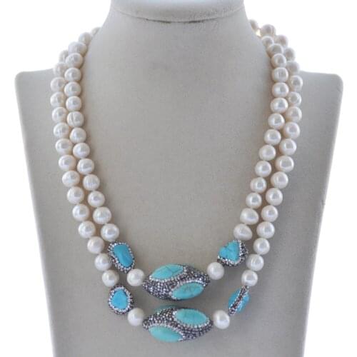 MCT·STAR Z10502 38" 30mm White Round Pearl Turquoise Shuttle CZ Necklace