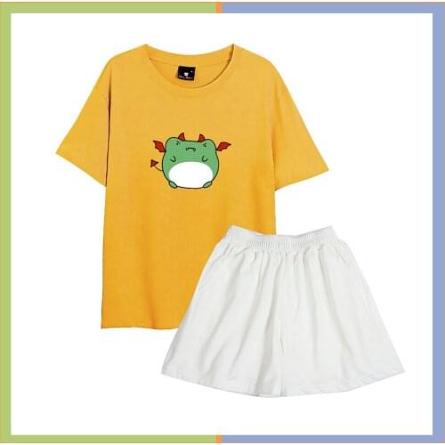 Indoors and Outdoors Pajama Sets Harajuku Kawaii Frog Print Cotton Sleepwear Ples Size Pjs Women Two Piece Suit Chic Pajamas Set