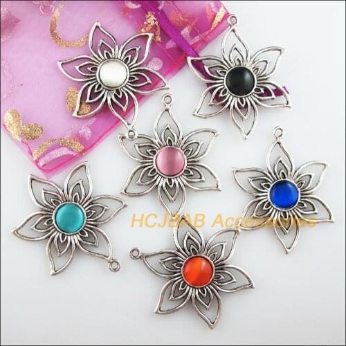 New 6Pcs Tibetan Silver Tone Retro Sun Flower Mixed Cat eye Stone Charms Pendants 38x47mm