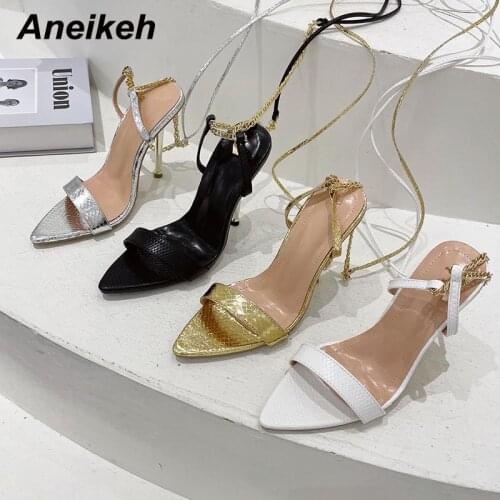Aneikeh Sexy PU Gladiator Cross-Tied Thin Heels Summer Sandals High Women 2021 Pointed Toe Metal Chain Shoes Fashion Lace-Up