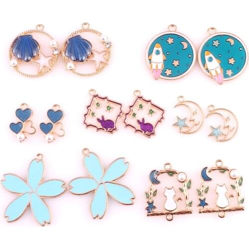 14pcs Enamels Pearl Moon Cat Spaceship Alloy Earring Charms DIY Handmade Making Hair Necklace Jewelry Pendant Accessories