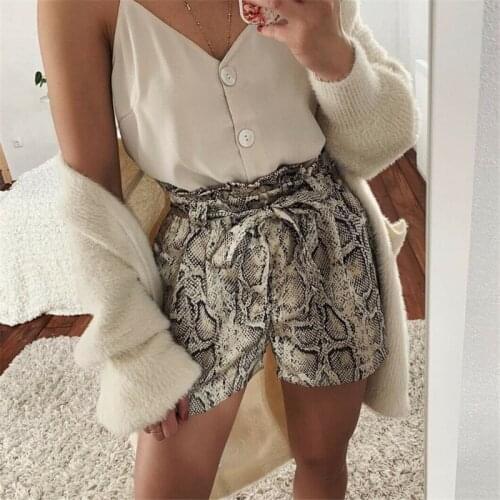 Women Snake Skin Printed Shorts New Ladies Vintage High Waist Tie Belt Shorts Ladies Fashion Summer Beach Holiday Short Trousers