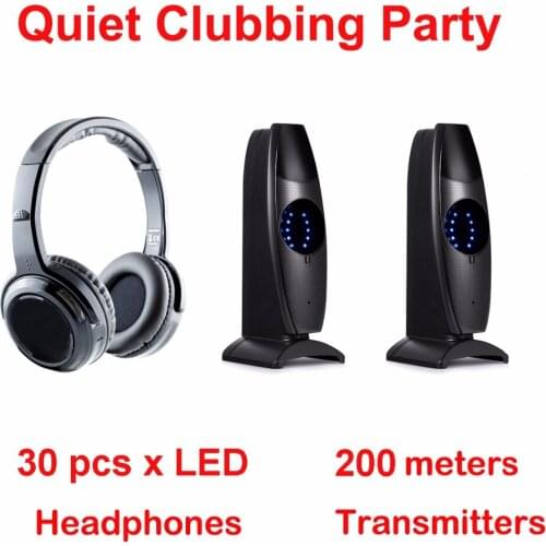 Silent Disco compete system black led wireless headphones - Quiet Clubbing Party Bundle (30 Headphones + 2 Transmitters)