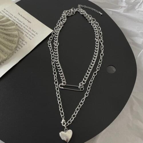 VSnow High Street Silver Color Love Heart Pendant Necklace for Women Femme Chunky Curb Chain Paperclip Chokers Necklaces Jewelry