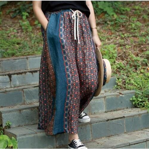 Summer womens elastic waist drawstring wide leg casual pants Ramie printed skirt cool traditional fashionable pants