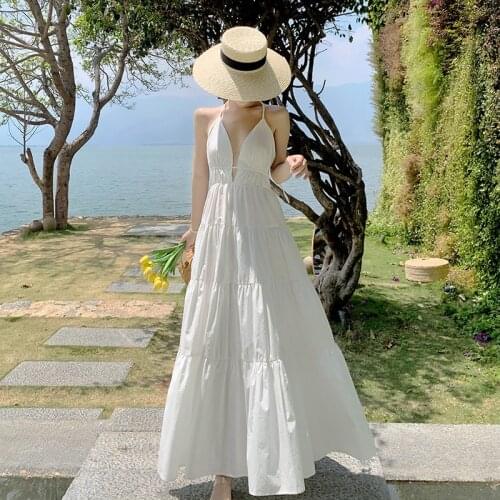 Women Maxi White Halter Slip Dress Summer 2021 Runway Elegant Backless Korean Retro Fairy Casual Beach Vacation Party Vestidos