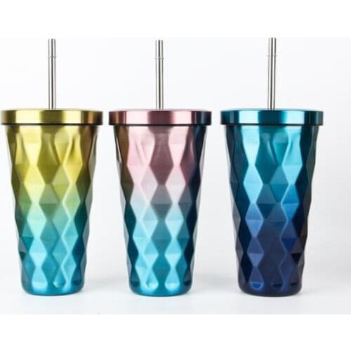 500ML Diamond Gradient 304 Stainless Steel Coffee Cups With Straws Cup Portable Mug Travel Cup Eco-Friendly Cups