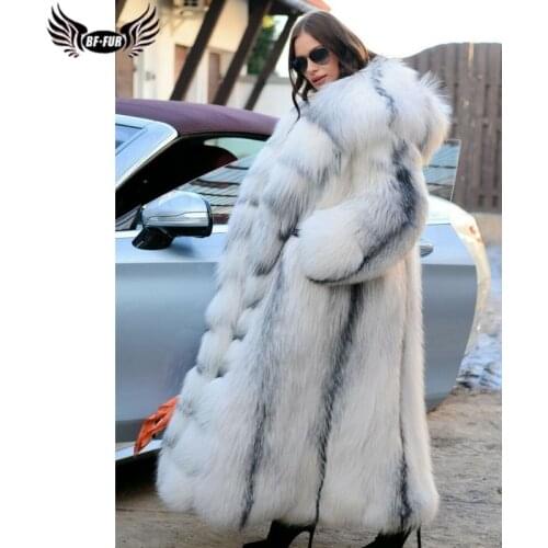 BFFUR 130CM Long Real Fox Fur Coat With Hood Thick Warm Winter Fashion Genuine Cross Fox Fur Jackets PLus Size Overcoats Women