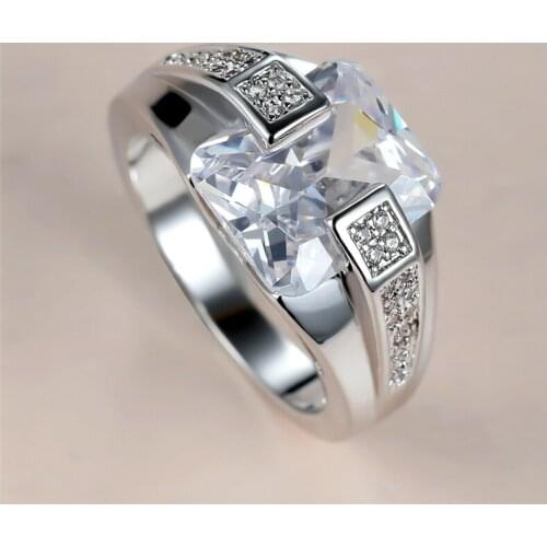 Classic White Square Stone Ring Shining Crystal Zircon Rings For Women Men Wedding Jewelry Vintage Fashion Silver Color Ring