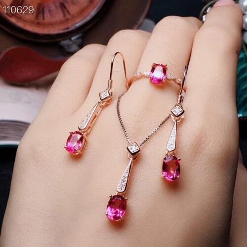 Natural pink topaz Ring Pendant Earrings Natural Gemstone Jewelry Set S925 Silver Fashion Water drop Women party gift jewelry