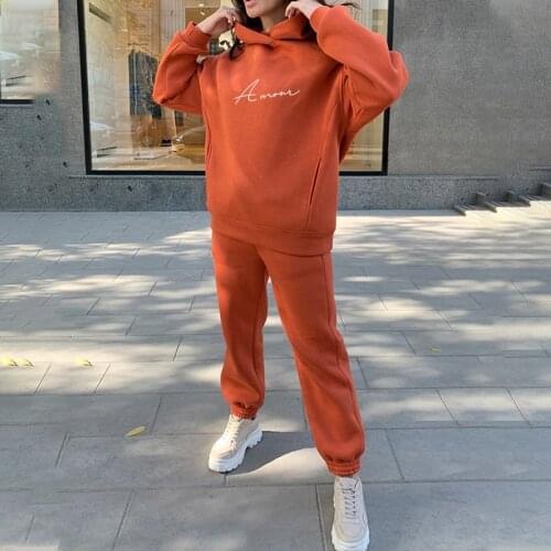 Oversize Letter Print Fleece Tracksuit Womens Sets Hooded Women Hoodie Suit Spring Autumn Casual Sport Pants Lady Two Piece Set