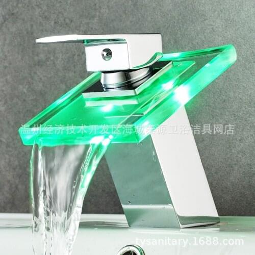 Copper LED Kitchen Faucets Waterfall Glass Kitchen Faucets Luminous Temperature Control Mutfak Musluklar Home Supplies EZ50ST