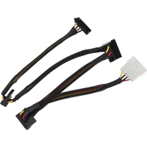 Molex 4-pin Male to Right Angle 3 x SATA Power 15-pin 90-Degree Splitter Cable w/Black Sleeved for ATX 12/5V & HDD/SSD