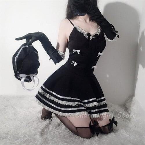 Lolita Princess Dress with Hat Gloves Maid Uniform Erotic Lingerie Babydoll Role Play Outfit for Woman Sexy Cosplay Maid Servant