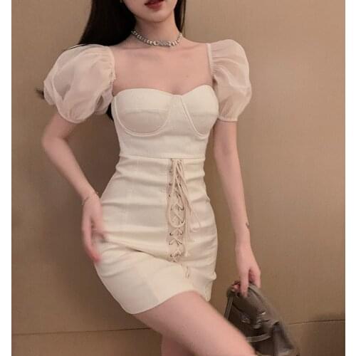 Retro Puff Sleeve Dress Sexy Strapless Short Sleeve Dress 2021 Summer New Women Lace Up Bandage Dresses Womens Clothing