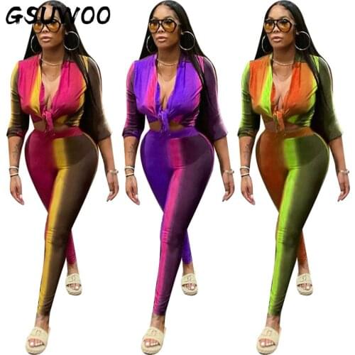 GSUWOO Printed Knotted Shirt Leggings Casual Womens Two-piece Suit Autumn Spring Long Sleeve Crop Top Pants Tracksuit Outfits