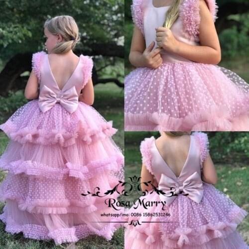 Lovely Pink Cupcake Flower Girl Dresses for Wedding 2021 Ball Gown Knot Bow Pageant First Communion Birthday Party Gowns