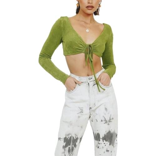 Sexy Womens Casual Autumn Long Sleeve T-shirt Backless Fashion Solid Color Drawstring V-neck Exposed Navel Tops