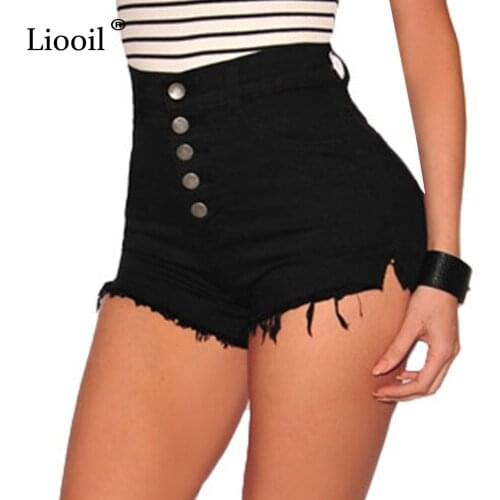 Liooil Summer Black White Red Denim Shorts 2018 Cotton High Waisted Fashion Button Pockets Skinny Women Shorts Sexy Jean Shorts