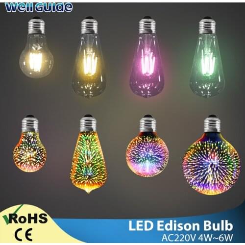 LED Bulb E27 3D Decoration holiday ights 6W 220V 3D Fireworks Edison led Lamp ST64 A60 G80 G95 Retro Filament Light Edison Bulb