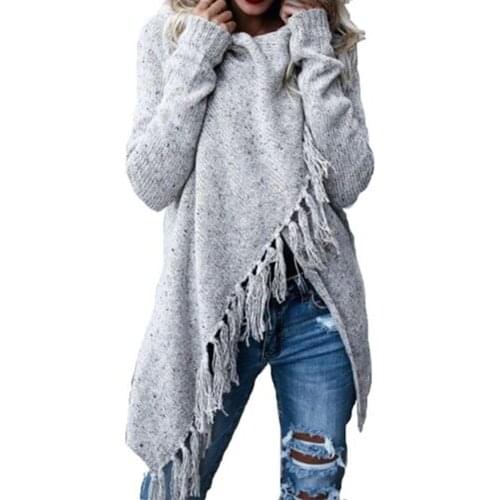 Sweater New Womens winter warm sweater 2019 Women Solid Color Irregular Cowl Long Sleeve Tassels Knitted Sweater
