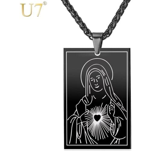 U7 Square Pendant Necklace Gold Color Stainless Steel Catholic Religious Mother Virgin Mary Jewelry Gift For Men/Women P1060