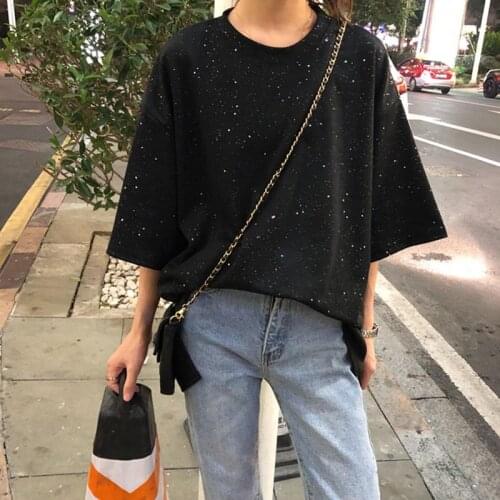 Vintage Sequin O Neck Short Sleeve Woman Cotton T-shirt Fashion Casual Loose Girls Summer Cotton Tees Pullovers