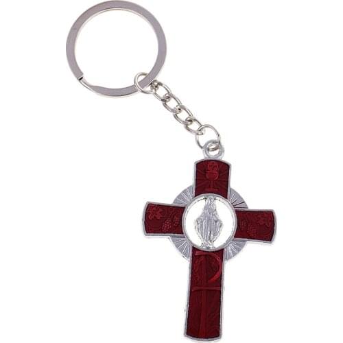 Virgen Maria Praying Figure Cross Key Ring Worship Religious Accessory for Toys Decro, Silver Red Mixed Color