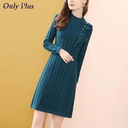 Green Knitted Twist Sweater Dresses For Women Winter Warm O-Neck Inside Straight Dress Ruffle Casual Knit Pullovers Dress Chic