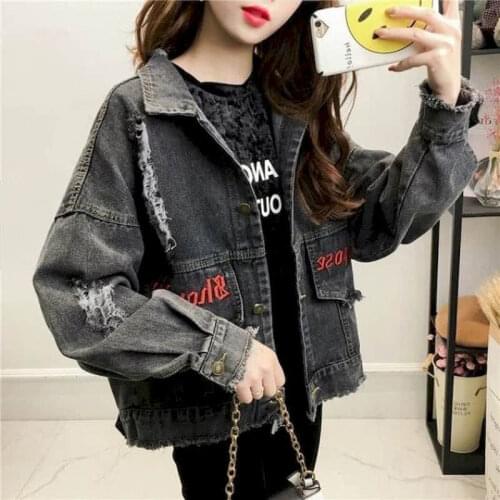 Black Denim Jacket Women Trend embroidery hole 2021 new student denim loose Korean style hip hop fashion Harajuku Streetwear top