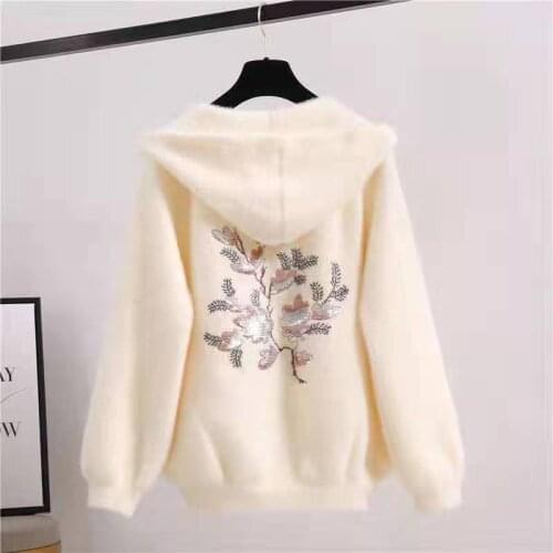 2021 Female Autumn and Winter Fashion Short Hooded Jacket Women Long-sleeved Solid Color Embroidery Knitted Cardigan Sweater N59