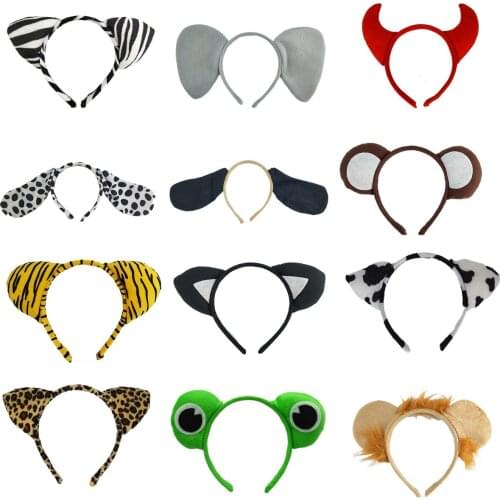 12pack Plush Cartoon Zoo Animals Ears Headband Birthday Halloween Costume Party Cosplay - Zebra Elephant Dog Monkey Tiger Cat