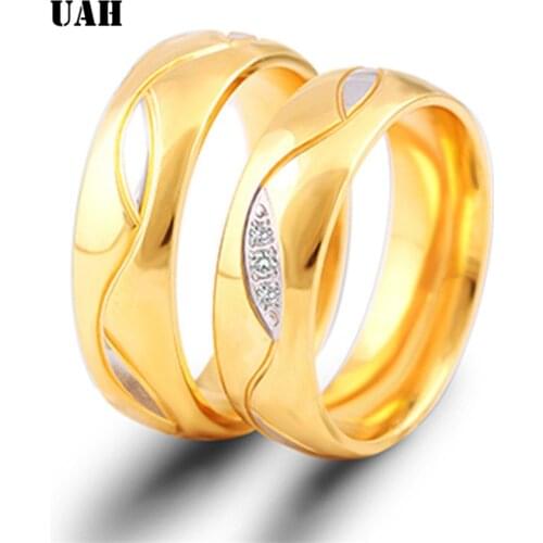 UAH Stainless Steel Couple Rings Crystal 6mm Lovers Ring Gold Color Wedding Band Engagement Anniversary Party Jewelry Aneis Gift
