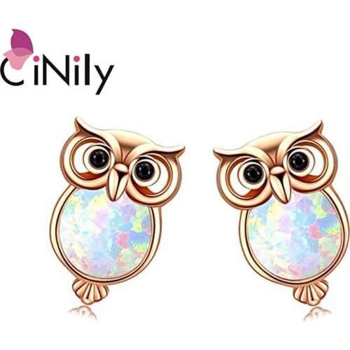 CiNily Blue & Pink Fire Opal Night Owl Stud Earrings With Stone Silver Plated Rose Gold Color Mini Vampire Birds Cute Jewelry