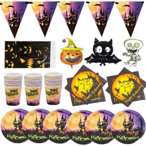Happy Halloween Theme Disposable Tableware Party Decoration Paper Cups Plates Napkins Tablecloth Banner Halloween Party Supplies